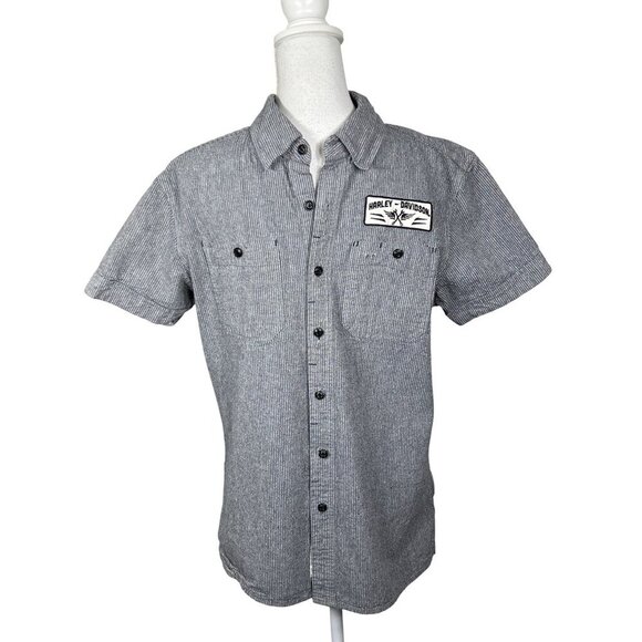 HARLEY-DAVIDSON Black Label Button Up Work Shirt Gray Stripe Sz M EUC - Picture 1 of 6